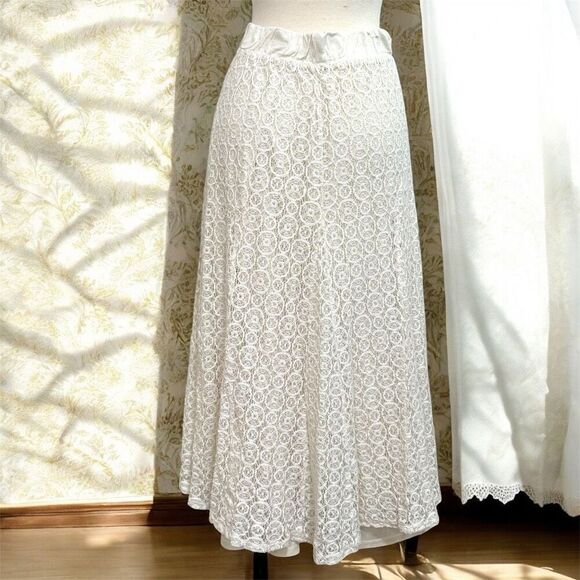 Y2K Off White Lace Peasant Prairie Maxi Skirt Small Trumpet Long - Picture 3 of 6